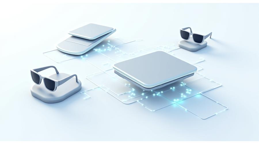 Farklı AR cihazlarını (akıllı telefon, tablet, akıllı gözlük) bir AR ağına bağlayan soyut çizgilerle gösteren bir görsel