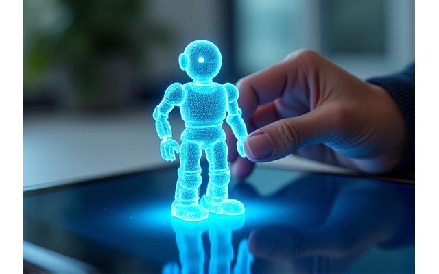 Bir tablet ekranında dijital bir robotu döndüren ve ölçeklendiren bir el