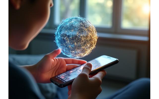 Elinde bir akıllı telefonla odasında karmaşık bir AR küresel bulmacasıyla etkileşime giren bir kişi