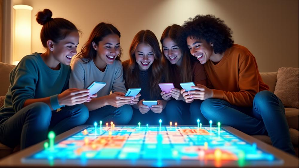 Bir grup arkadaşın aynı odada akıllı telefonlarıyla sanal nesnelerle etkileşime girerek birlikte oyun oynadığını gösteren bir sahne