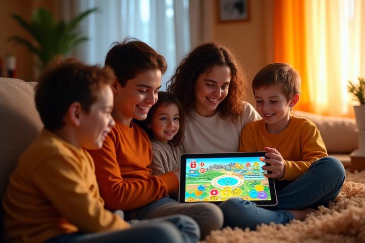 Aile bireylerinin birlikte tablet başında neşeyle oyun oynadığı an
