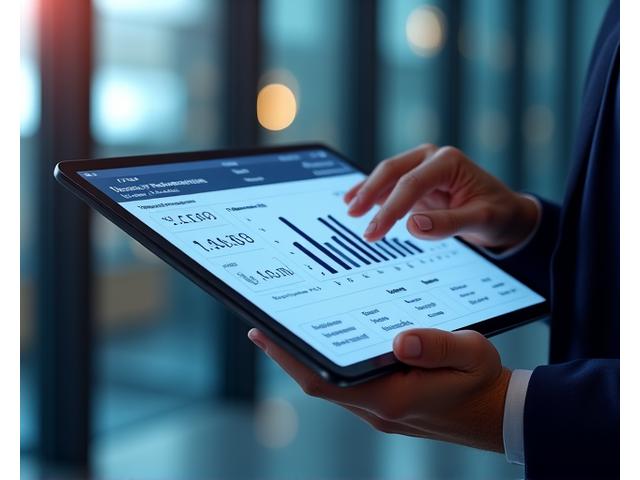 Bir tablet ekranında karmaşık bir iş zekası panosu uygulamasını kullanan bir yöneticinin yakın çekim eli, yanında grafikler ve metrikler