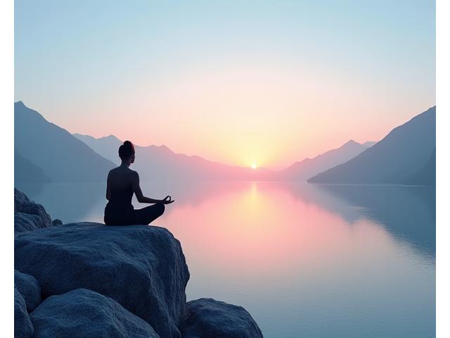 Şafağın pembe ve mor tonlarında bir dağ gölünün kenarında meditasyon yapan sakin bir figür, zihinsel rahatlamayı ve dengeyi simgeliyor.